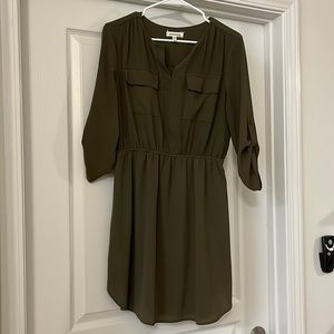 Monteau Textured Roll-Up Long Sleeved Dress, Juniors’ Size L, Army Green